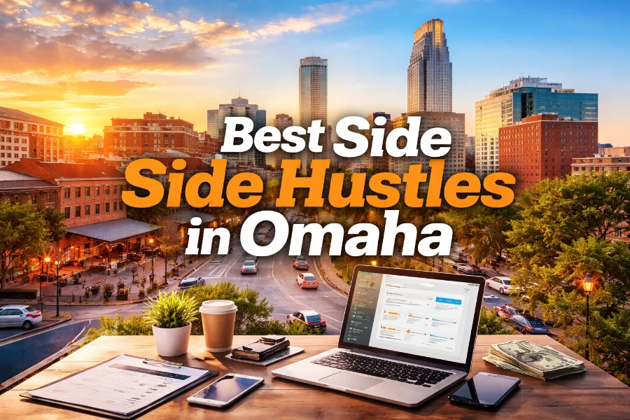 Omaha skyline along the Missouri River, illustrating the best side hustles in Omaha